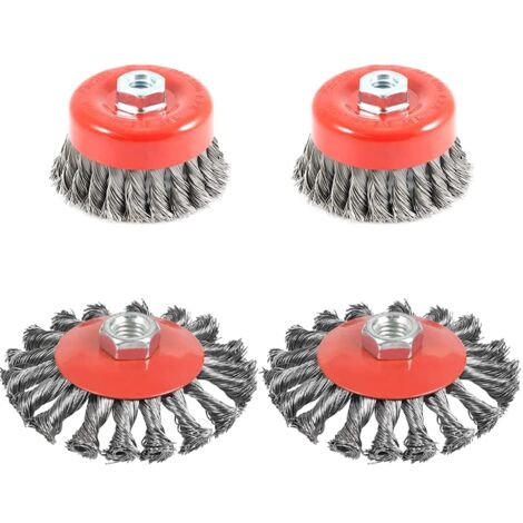 4 Stück Drahtreinigungsbürste, konische Bürste für Winkelschleifer, gedrehte Stahlschleifbürste, Durchmesser von 75 mm und 100 mm, M14