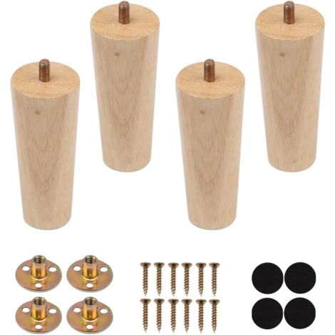 4 Stück Massivholz-Möbelbeine, 12 cm Holzbeine für Sofa, Ersatz-Möbelfüße aus Holz, konische Möbelbeine mit Montageplatte M8-Schrauben, rutschfeste Polster für Esstisch, Kleiderschrank