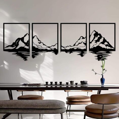 4 Stück Metall Berg Wandkunst, große Berge Wanddekoration, Bergflüsse, dekoratives Gemälde, geeignet für Wohnzimmer, Schlafzimmer, Büro, drinnen und draußen