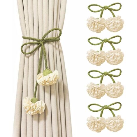 4 Stück Raffhalter, Raffhalter mit Blumenmuster, Raffhalter mit Ösen, Raffhalter im Boho-Stil, Raffhalter für Zuhause und Büro (Grün, Beige)