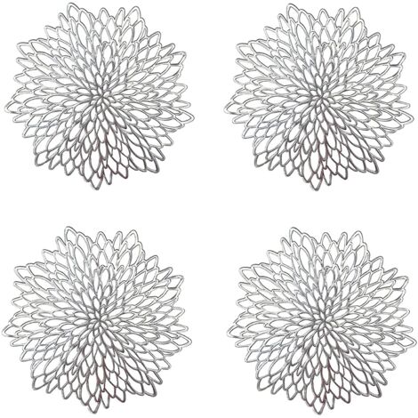 4 Stück silberne Tischsets, ausgehöhlte runde Tischsets, runde Tischsets aus Kunststoff, verwendet für Tellerwärmeisolierung und Tischdekoration (Silber)