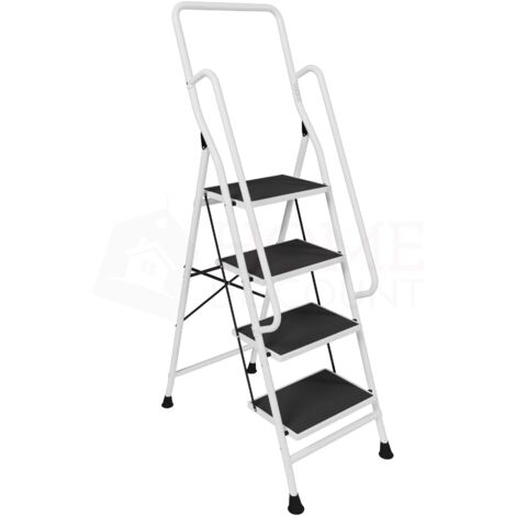 4-stufige Klappleiter aus Stahl mit Handlauf und rutschfester Matte, faltbar, belastbar und tragbar, Weiß, H 160 x B 54 x T 83 cm