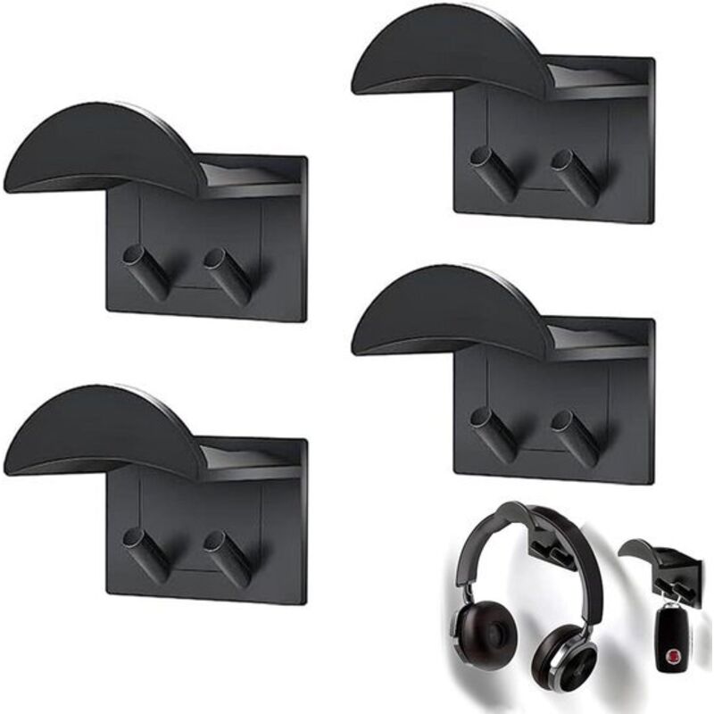 4 supports pour casque sans perçage - Fixation universelle à crochet avec adhésif pour la plupart des casques et manettes (noir)