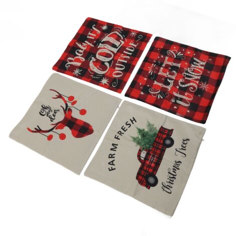 4 taies de coussin 45x45cm en lin doux motifs Noël (cerf, flocon, bonhomme de neige) pour canapé et décoration salon