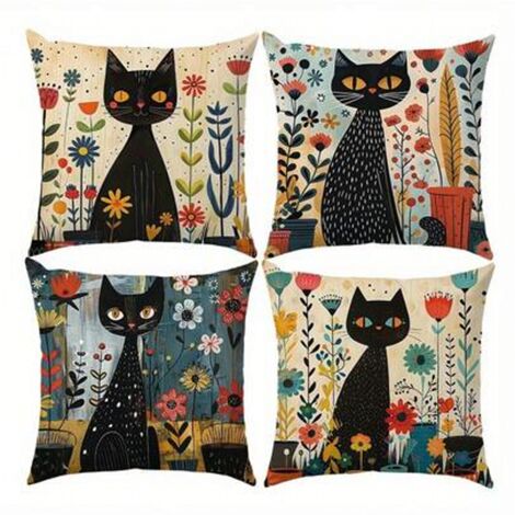 4, taies d'oreiller 45,72 X 45,72 cm – motif chat noir et fleurs, canapé, Salon – avec fermeture à glissière, lave - linge (sans oreiller)