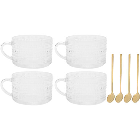 4 Tasses en Verre Style Nordique avec Relief, Mugs à Petit Déjeuner Vintage, Transparentes pour Lait, Café Latte ou Thé, Lot de 4 avec Cuillères