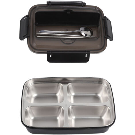 4-teilige Lunchbox aus Edelstahl (304), passendes Geschirr, tragbar für Schule und Büro, schwarz