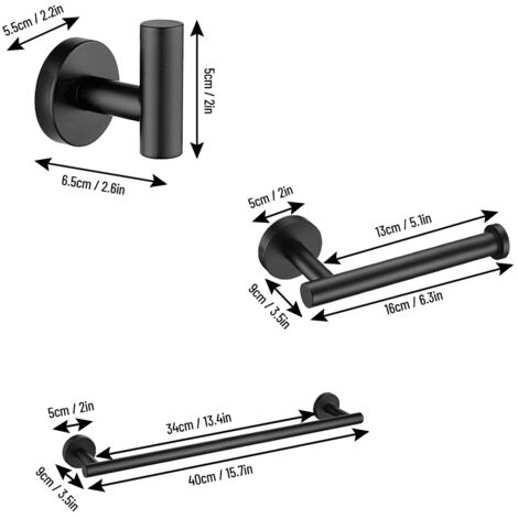 4-teiliges Badezimmer-Accessoire-Set: Handtuchhalter, Toilettenpapierhalter, Haken, Edelstahl 304, Schwarz, Wandmontage