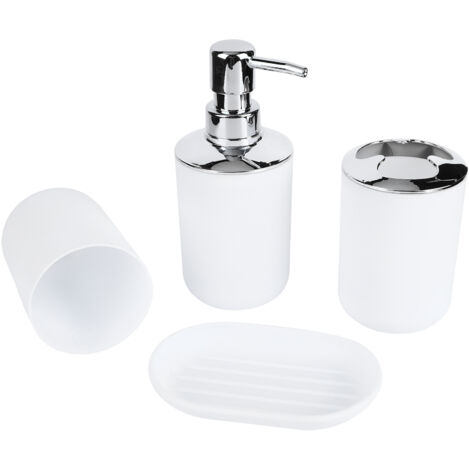 4-teiliges Badezimmer-Accessoire-Set: Lotionflasche aus Kunststoff, Aufbewahrungsbehälter, Mundspülbecher, weiße Seifenschale