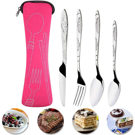 4-teiliges Besteckset aus Edelstahl, leicht und robust, ideal für Reisen und Picknicks, elegantes graviertes Design.