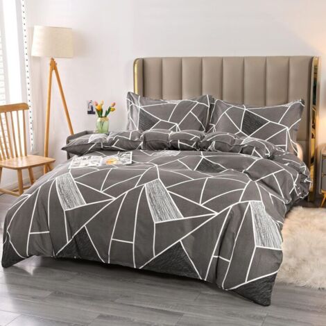 4-teiliges Bettwäscheset (Bettbezug 220 x 240 cm) mit 2 Kissenbezügen (74 x 48 cm), Erwachsenen-Bettwäscheset aus Mikrofaser-Polyester mit Reißverschluss, graues geometrisches Muster
