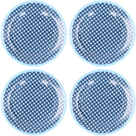 4-teiliges Dessertteller-Set (23 cm Durchmesser), Tortenständer, Servierplatte mit dunkelblauem Karomuster