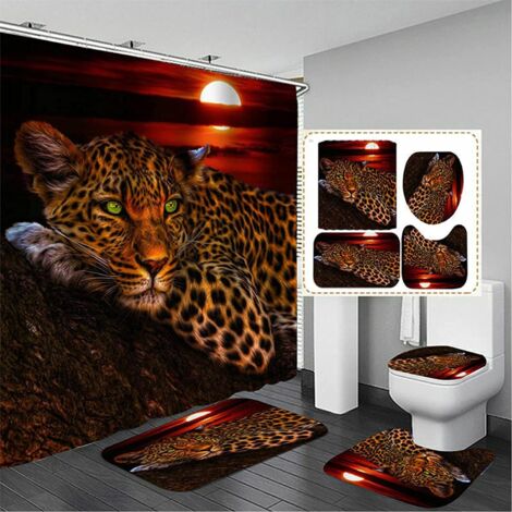 4-teiliges Duschvorhang-Set mit Mond-Leoparden- und Gepardenmotiv, 70,8 x 70,8 Zoll