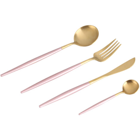 4-teiliges, farbenfrohes Edelstahl-Besteckset – Löffel, Gabel, Messer – in Rosa und Gold für Zuhause