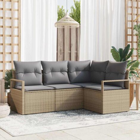 4-teiliges Garten-Sofa-Set mit Kissen Beige Poly-Rattan, 2-Sitzer Garten-Sofa mit Kissen Beige Poly-Rattan vidaXL214949
