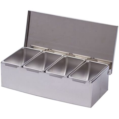 4-teiliges Gewürzset – Edelstahlbox mit Käsesauce, Salz, Zucker, Gewürzgläsern und Küchenutensilien.