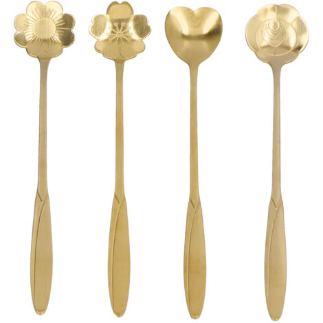 4-teiliges Kaffeelöffel-Set in Blumen- und Herzform, Dessertlöffel aus Edelstahl, goldener Eistee-Löffel