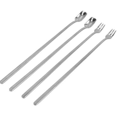 4-teiliges Kaffeeset aus Edelstahl 304 mit langem Griff, bestehend aus einem Löffel und einer Gabel mit quadratischem Kopf. Leicht zu reinigen und langlebig, ideal für Cafés und Bars. Silberfarben.