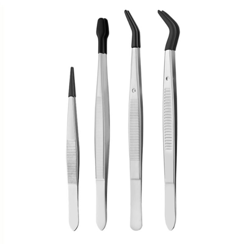 Image of 4-teiliges Pinzettenset mit Gummispitzen, PVC-beschichtet, gerade/flache Spitze, gebogen, schwarz