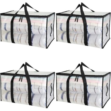 4-teiliges Set großer Aufbewahrungstaschen (95 l) mit Deckel und verstärkten Griffen, transparente PP-Aufbewahrungstaschen, ideal für Umzüge, Kleideraufbewahrung und Reisen.