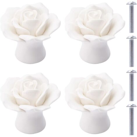4-teiliges Set Keramikknöpfe, blütenförmige Keramik-Schubladenknöpfe, rosa Porzellan-Möbelknöpfe für Schubladen, Schränke und Schranktüren (Weiß)