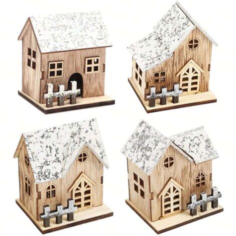 4-teiliges Weihnachtsdorf-Set, Weihnachtsdorf-Set mit LED-Beleuchtung, Buchsbaum-Weihnachtsdorfhaus mit Bodenschalter, zarte Weihnachtsdekoration und
