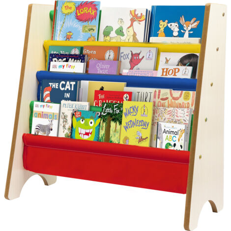 4 Tier Children's Bookcase Childrens Bookshelf Wooden Rainbow Kids Sling Storage Child Bookcase Shelf with Soft Canvas for Book Storage 61  60  26.5CM