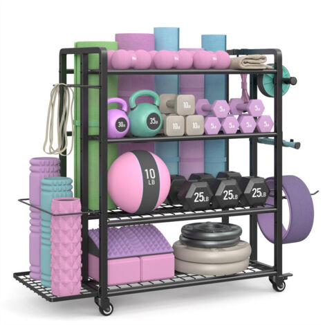 4-Tier Dumbbell Rack Stand Only, Adjustable Weight Rack for Dumbbells Kettlebells Yoga Mat, Home Gym Storage Rack with Wheels and Hooks
