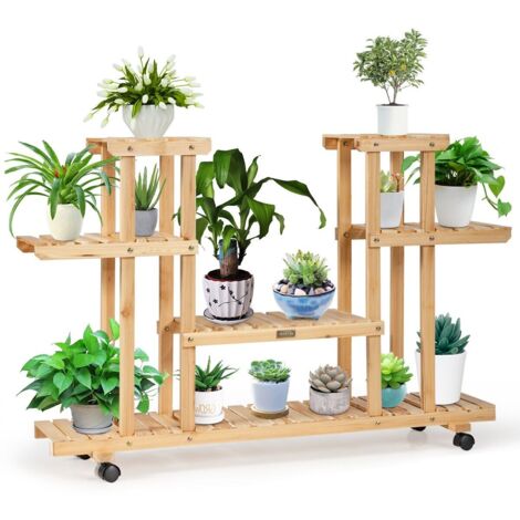4-Tier Flower Plant Stand Wooden Flower Rack Display Shelf w/ Wheels & 8 Shelves