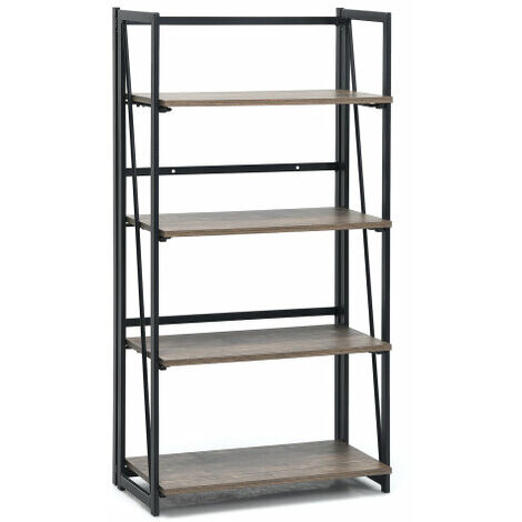 4-Tier Folding Bookshelf w/ Metal Frame Wall-Mounted Storage Organizer Living Room/Bathroom/Kitchen Rustic Brown