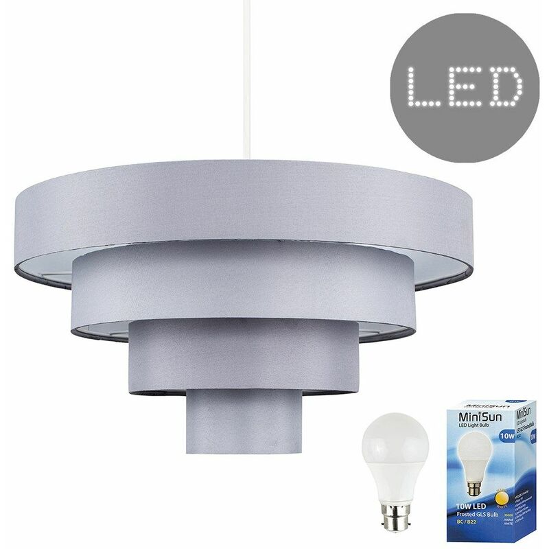 Minisun - 4 Tier Grey Fabric Ceiling Pendant Light Shade - 10W LED GLS Bulb Warm White