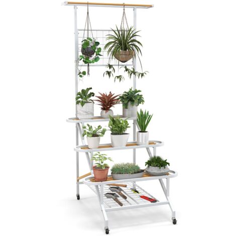 4-Tier Hanging Plant Stand Ladder Shelf W/Hanging Bar & Trellis Plant Holder