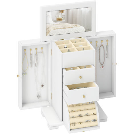 4-Tier Jewellery Box with Mirror and 2 Drawers - White