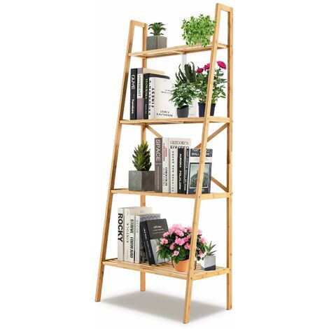 4-Tier Ladder Shelf Bamboo Bookshelf Bookcase Storage Organizer Plant Stand