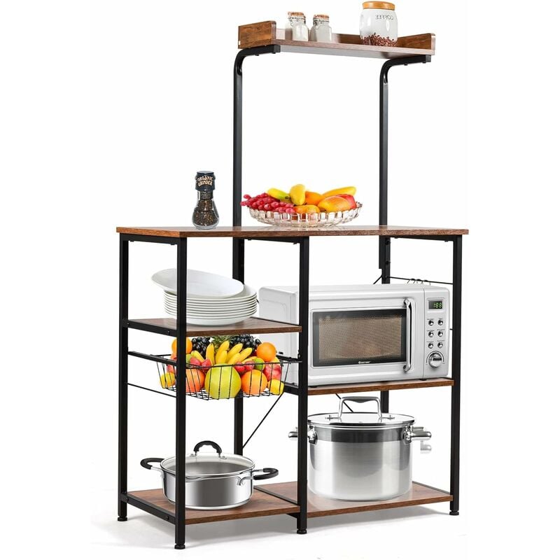 4-Tier Vintage Kitchen Baker¡¯s Rack Utility Microwave Stand w/ Basket & 5 Hooks