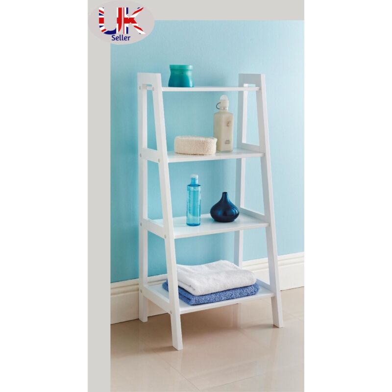 4 Tier Wooden Ladder Shelf Extra Storage Space Shelving Unit Bathroom -White - white