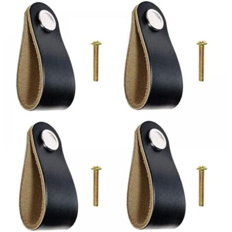 4 tiradores de cuero para cajones, pomos de cuero negro con tornillos para armarios de cocina, armarios, cómodas, puertas y herrajes.