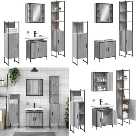 4-tlg. Badmöbel-Set Grau Sonoma Holzwerkstoff - Spiegelschrank - Waschbeckenunterstuhl