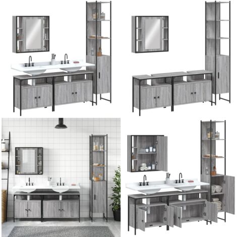 4-tlg. Badmöbel-Set Grau Sonoma Holzwerkstoff - Spiegelschrank - Waschbeckenunterstuhl