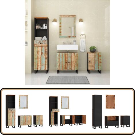4-tlg. Badmöbel-Set Massives Altholz - Holzbadmöbel - Altholzmöbel - Badezimmermöbel Set - Spiegelschrank - Unterschrank