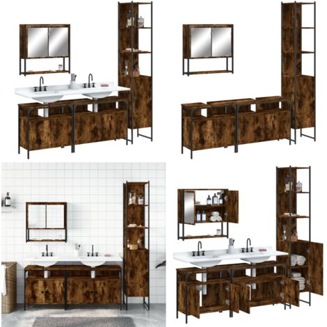4-tlg. Badmöbel-Set Räuchereiche Holzwerkstoff - Spiegelschrank - Waschbeckenunterstuhl