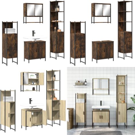 4-tlg. Badmöbel-Set Räuchereiche Holzwerkstoff - Spiegelschrank - Waschbeckenunterstuhl
