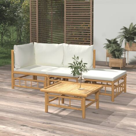 4-tlg. Garten-Lounge-Set, Gartenmöbel-Set, Terrassen-Sitzgruppe mit Cremeweißen Kissen Bambus ZDEH44239 BonneVie