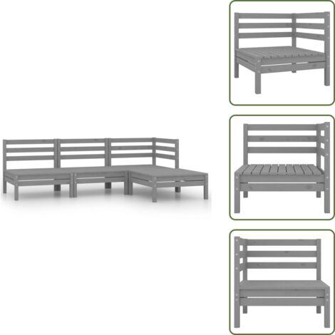 4-tlg. Garten-Lounge-Set Massivholz Kiefer Grau - Gartenmöbel - Loungesessel - Rattan Sessel - Kiefernholzmöbel - Gartenloungeset