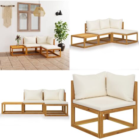 4-tlg. Garten-Lounge-Set mit Auflagen Creme Massivholz Akazie - Gartengeräte - Loungesessel - Gartenmöbel - Outdoor Möbel - Holz Lounge Set - Home & Living