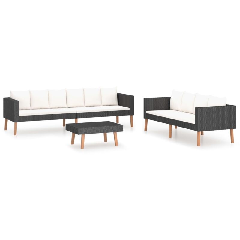 3-tlg. Garten-Lounge-Set mit Kissen Poly-Rattan Schwarz vidaXL