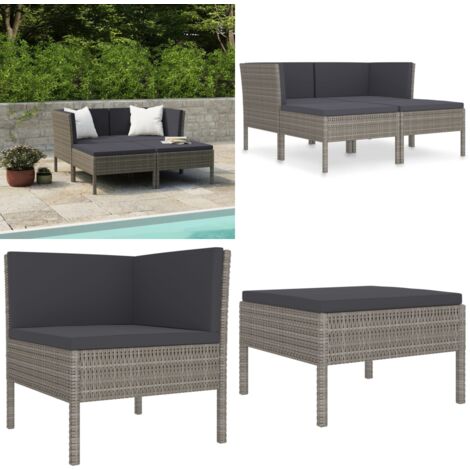 4-tlg. Garten-Lounge-Set mit Auflagen Poly Rattan Grau - Gartenmöbel - Loungesessel - Rattan Gartenmöbel - Outdoor Furniture - Esstisch - Home & Living