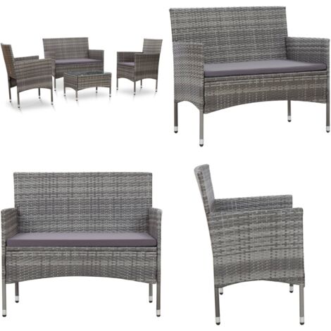 4-tlg. Garten-Lounge-Set mit Auflagen Poly Rattan Grau - Gartenmöbeln - Loungemöbel - Rattanmöbel - Outdoormöbel - Esszimmergarnitur - Home & Living