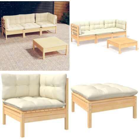 4-tlg. Garten-Lounge-Set mit Creme Kissen Kiefernholz - Gartenmöbeln - Loungeset - Gartenloungesessel - Rattan Möbel - Outdoor Furniture - Home & Living