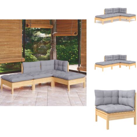 4-tlg. Garten-Lounge-Set mit Grauen Kissen Kiefer Massivholz - Garten Lounge Set - Kiefernholzmöbel - Outdoor Möbel - Gartenmöbel - Loungemöbel